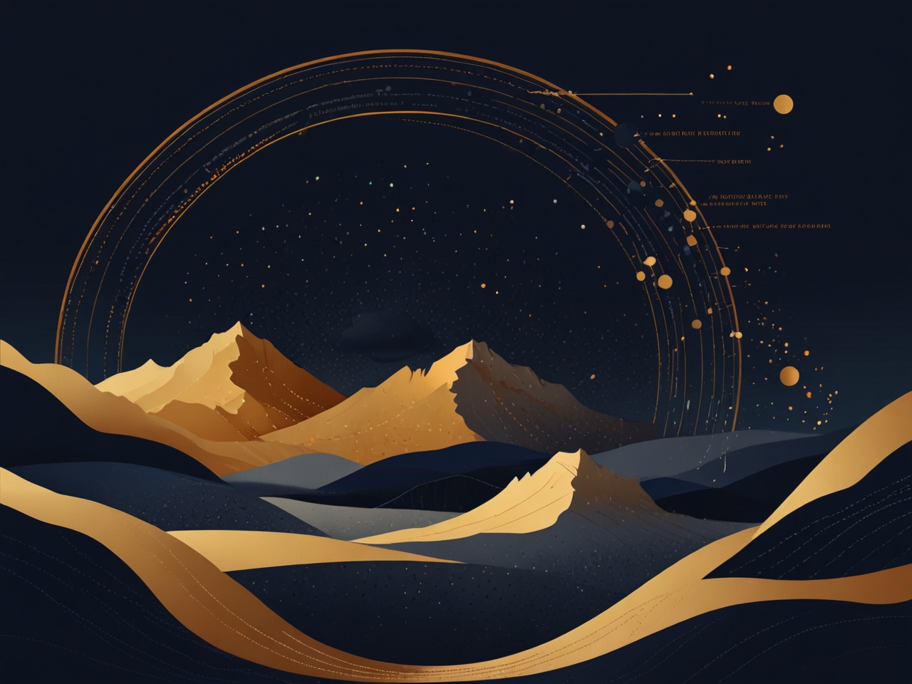 Network constellation — gold orbital rings and copper flight arcs tracing the VALORA travel settlement graph