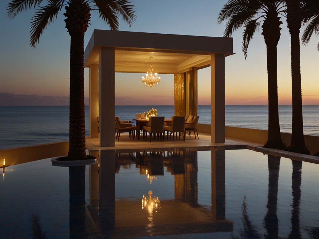 Editorial photograph of a luxury seaside terrace at golden hour overlooking a calm bay — premium destination lifestyle vista.