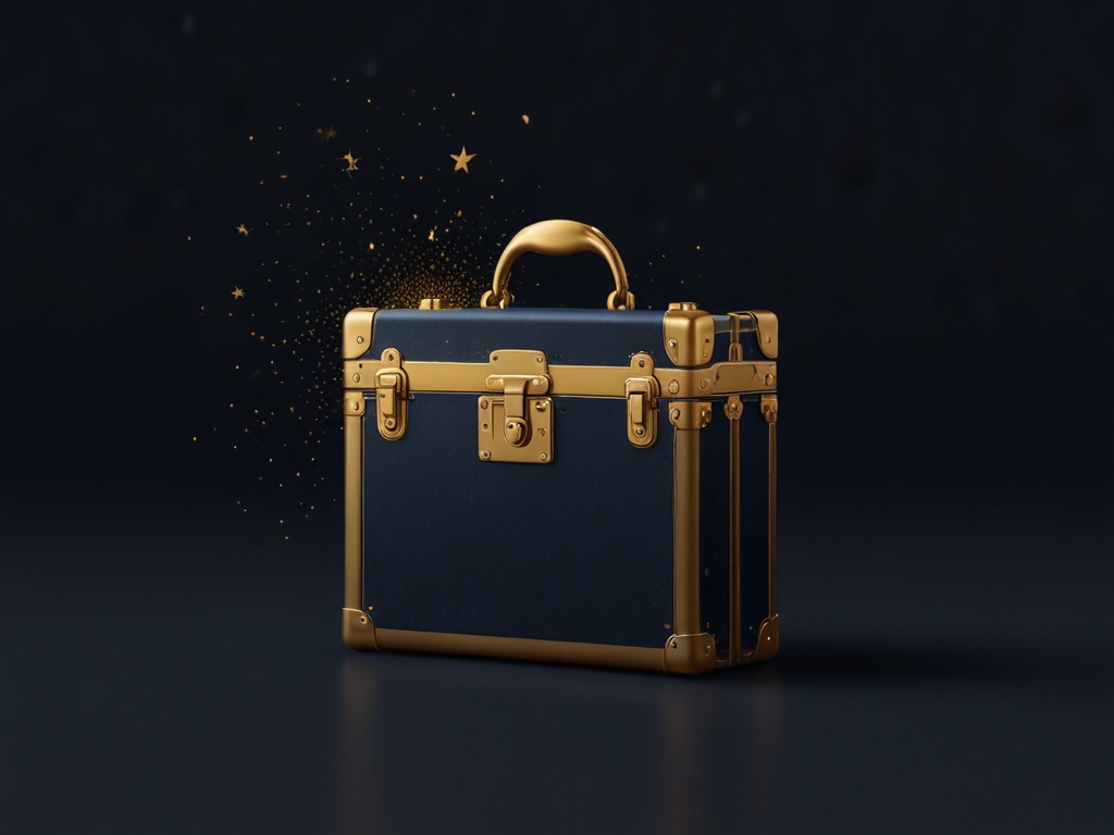 Editorial illustration of a navy-and-gold luxury heritage trunk floating in a starfield — premium curated commerce icon.