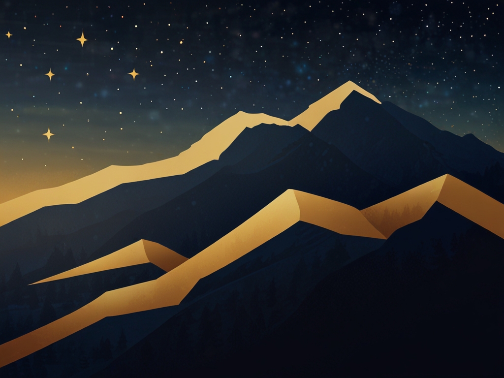 Flat-vector illustration of a mountain ridge at golden hour with a dotted gold trail rising past six milestone stars toward the summit.