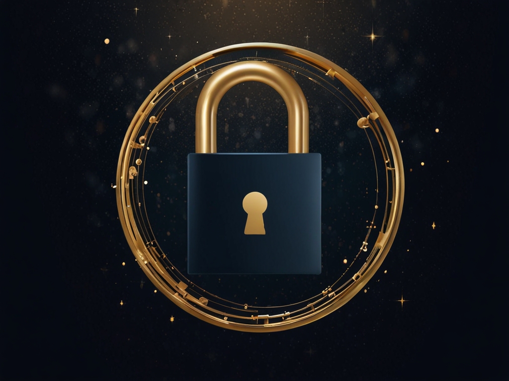 Flat-vector editorial illustration of an elegant gold padlock floating within concentric orbital rings on a midnight-navy starfield.