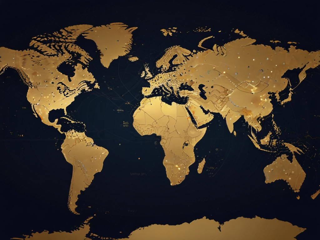 Flat-vector editorial illustration of a stylized continental silhouette with delicate gold travel arcs curving across a deep midnight-navy background.