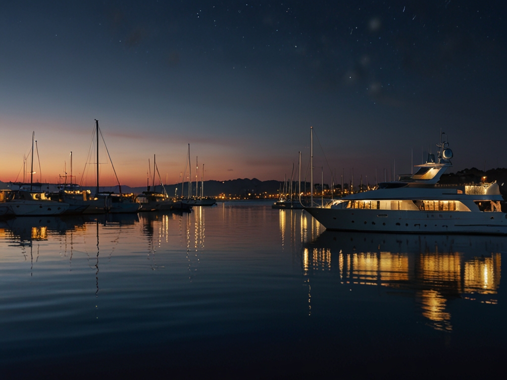 Editorial photograph of a luxury yacht marina at twilight with warm dock lights and calm water reflections.
